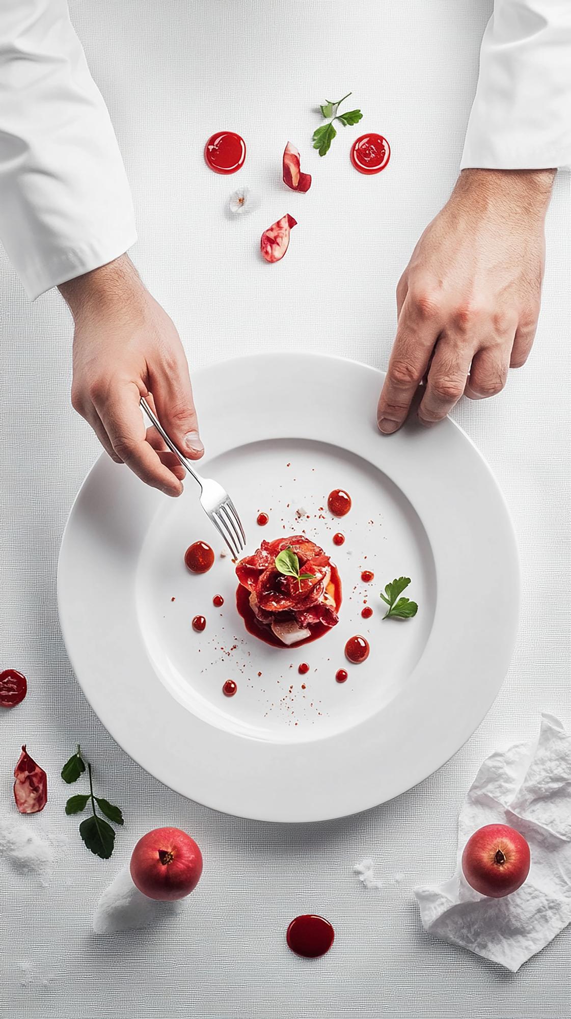 wide shot of chef plating a simple dish